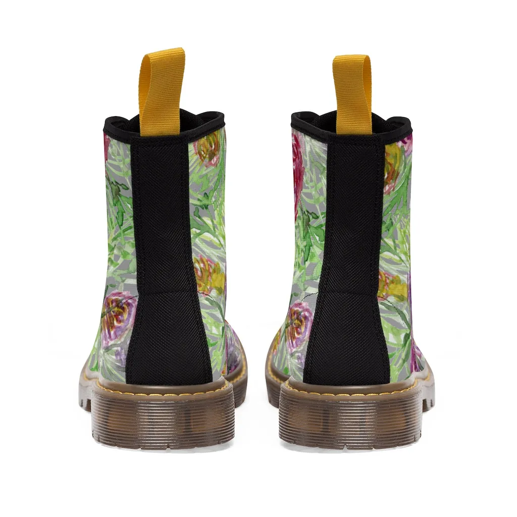 Grey Yellow Floral Women's Boots, Rose Flower Print Girlie Elegant Cute Hiking Combat Boots