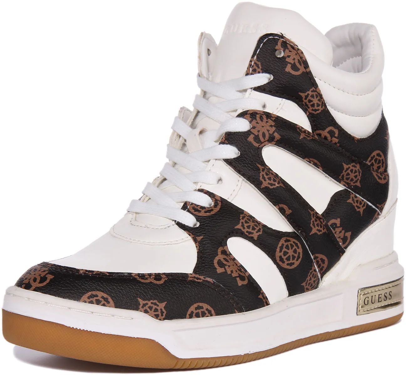 Guess Lisa Wedge Sneaker In White Brown For Women