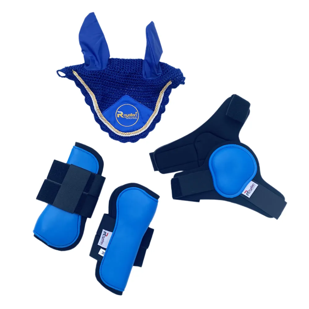 Horse Riding Blue Big Diamond Cotton Dressage Pad Set - One Fly veil – Two Brushing Boots – Two Hind Boots (Full)