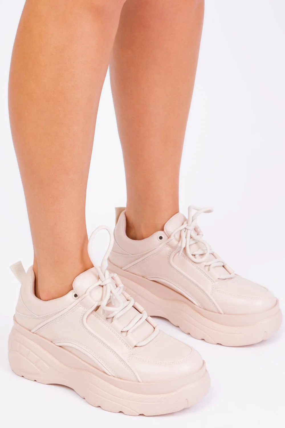 KAYLA CHUNKY TRAINERS IN BEIGE FAUX LEATHER