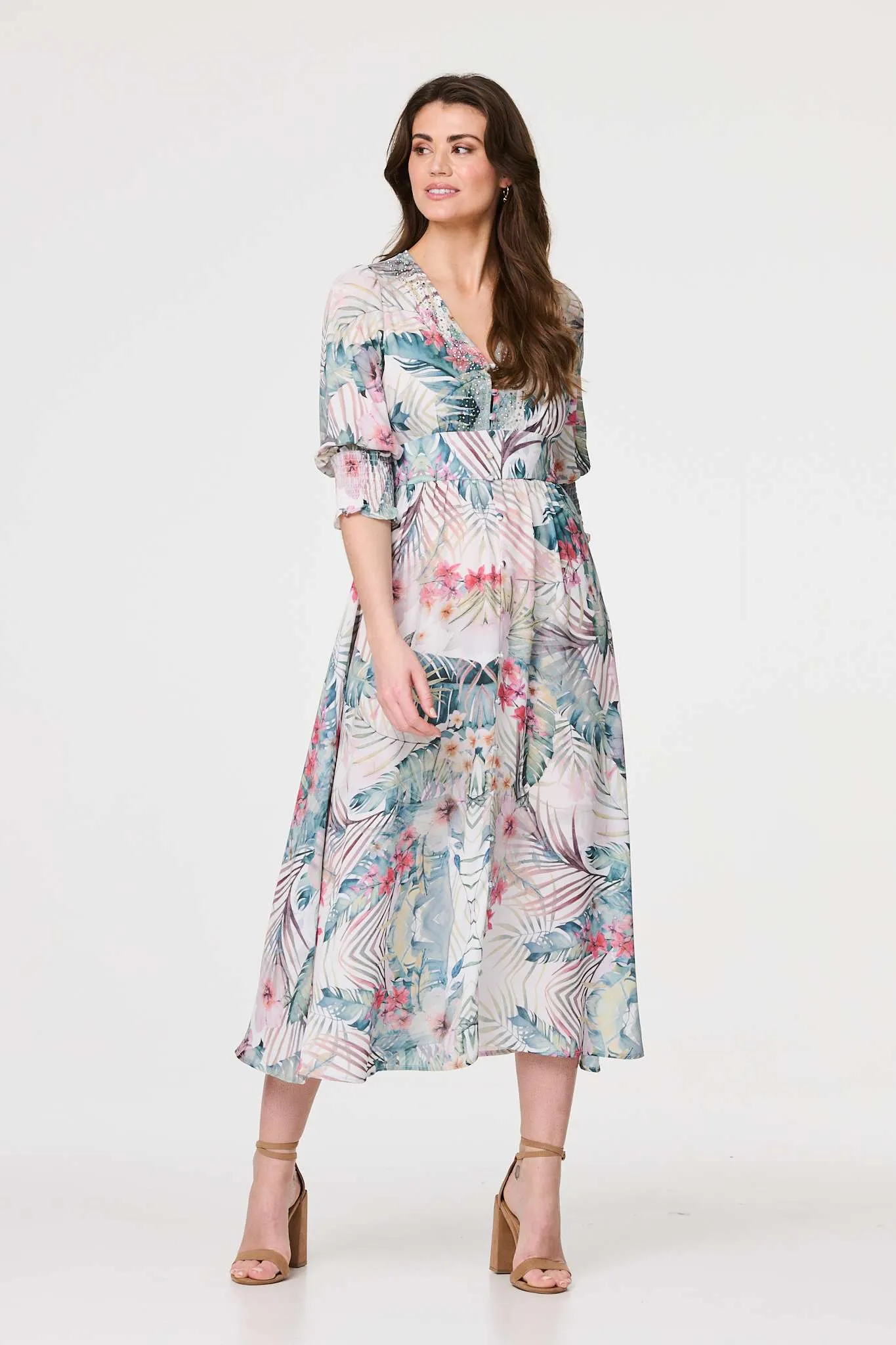 Leaf Print 3/4 Puff Sleeve Midi Dress