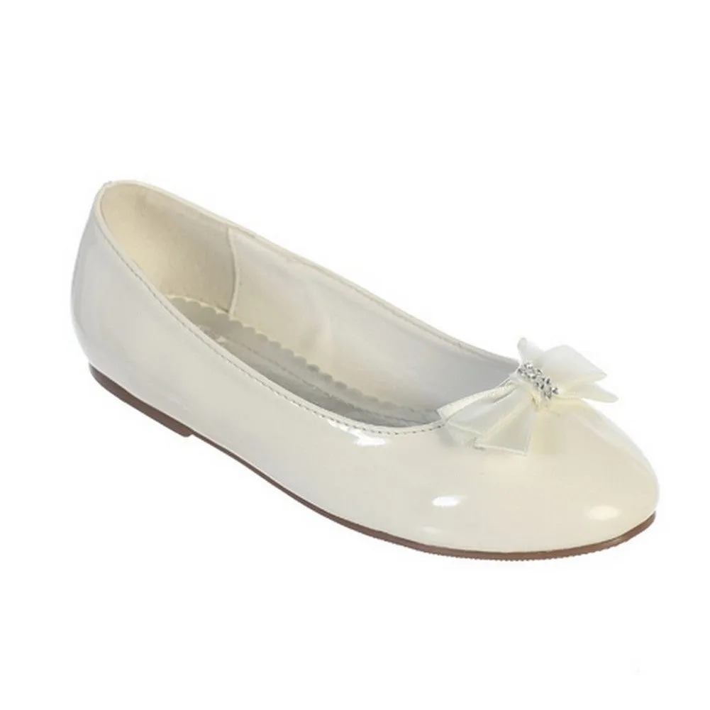 Little Girls Ivory Leather Satin Rhinestone Bow Patent Flats 9-10 Toddler