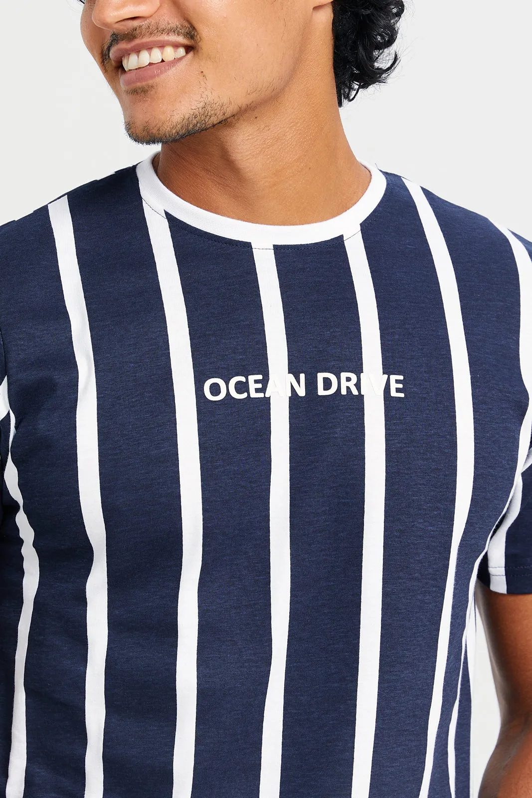 Men Navy Striped T-Shirt