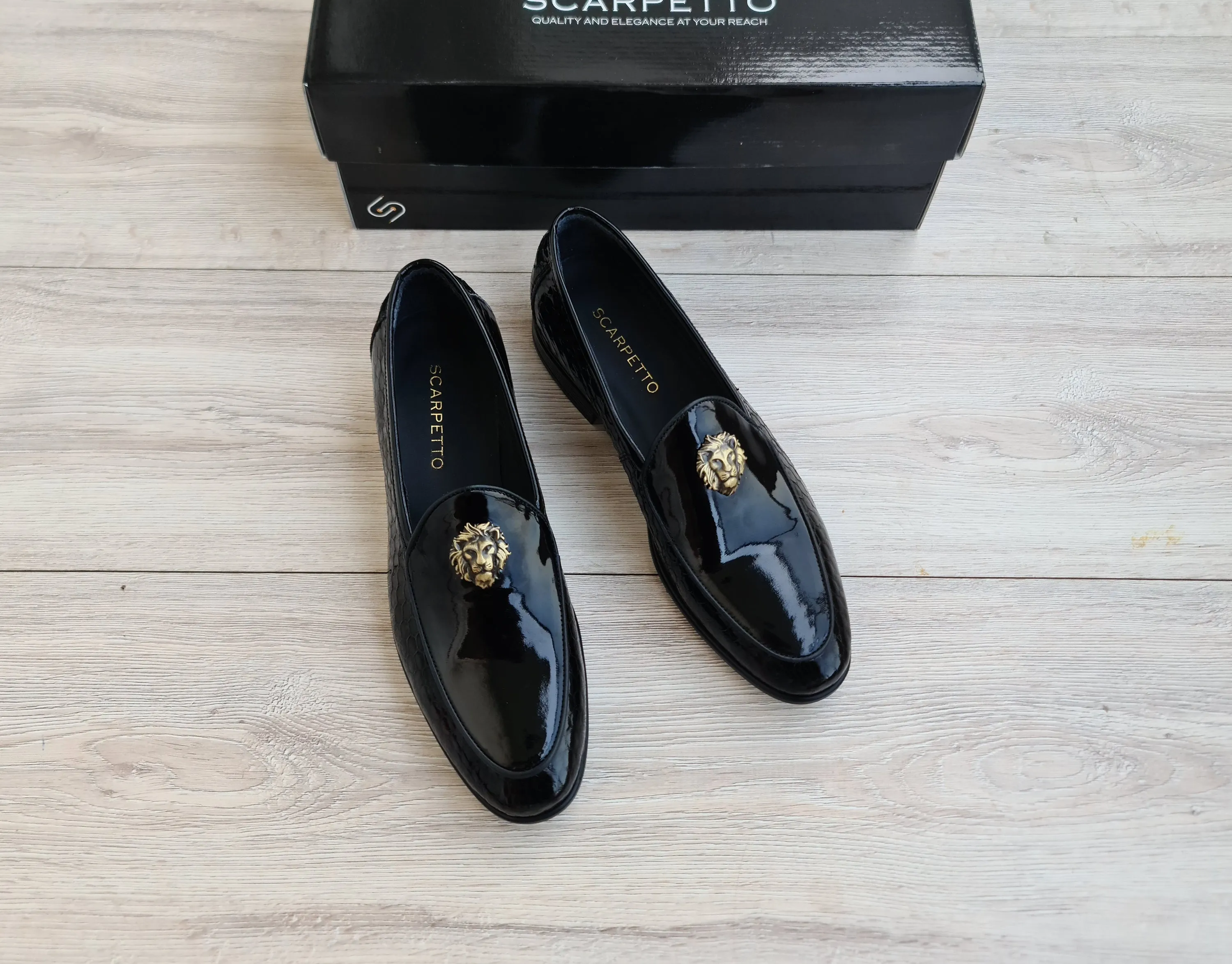 Men's Patent Leather Loafers - Lion Head Buckle