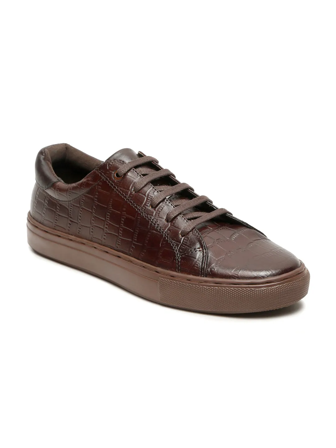 Men's Stylish Brown Lace-Up Texture Sneakers Leather Shoes