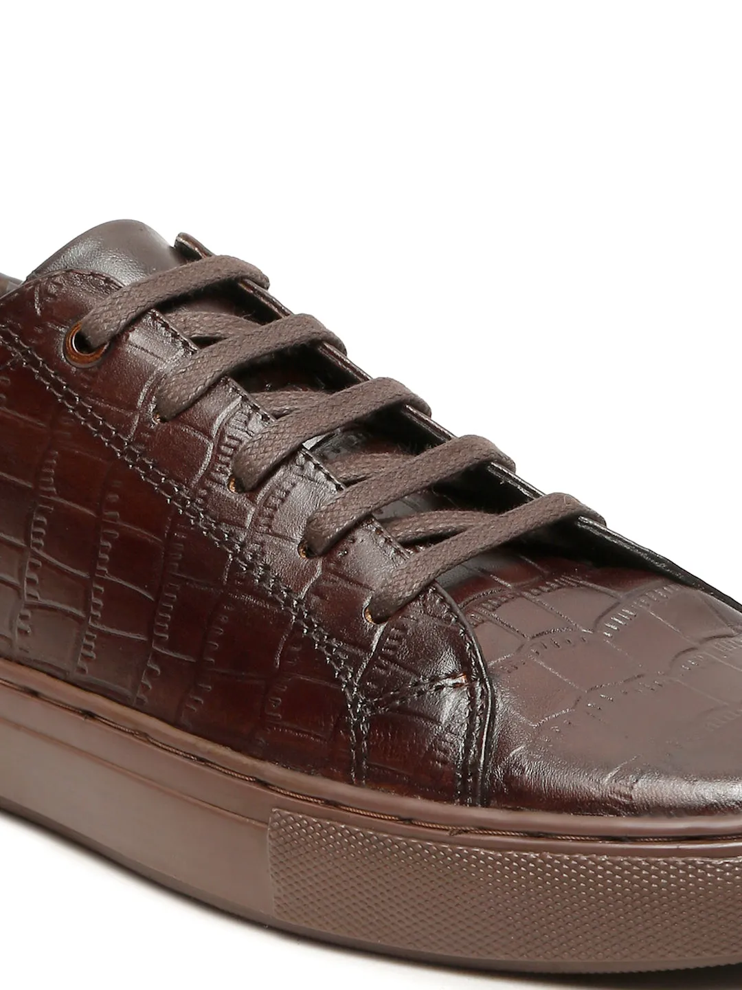 Men's Stylish Brown Lace-Up Texture Sneakers Leather Shoes