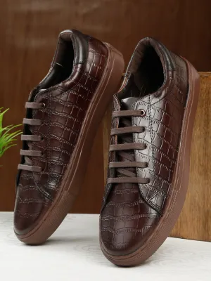 Men's Stylish Brown Lace-Up Texture Sneakers Leather Shoes