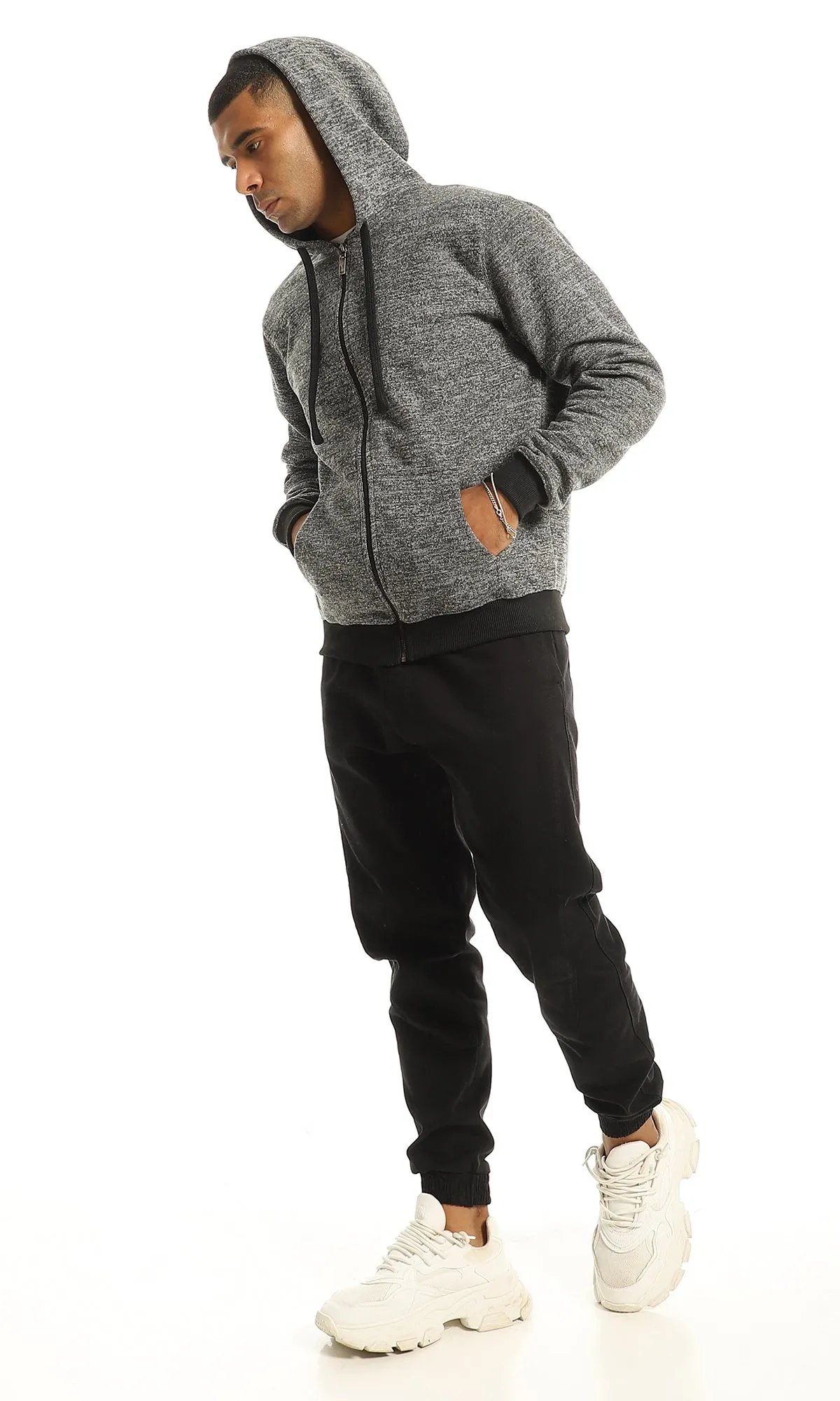 O155661 Black & Grey Hooded Sweatshirt With Front Zipper