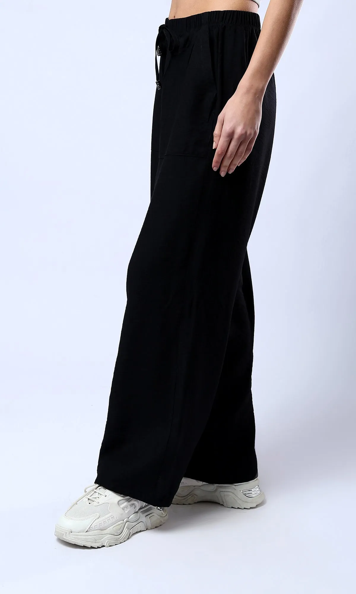 O179837 Wide Leg Black Pants With Elastic Waist