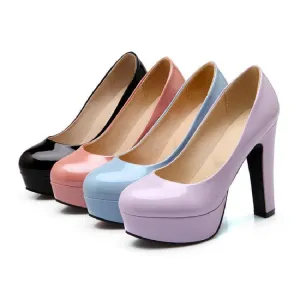 Pastel Patent Platform Low Cut Thick Heel Shoes in Plus Sizes