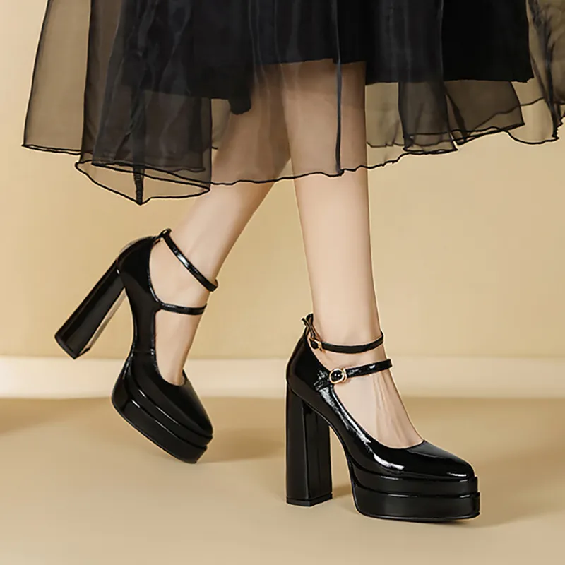 Patent Leather Platform Pumps Ankle Strap Chunky Heels