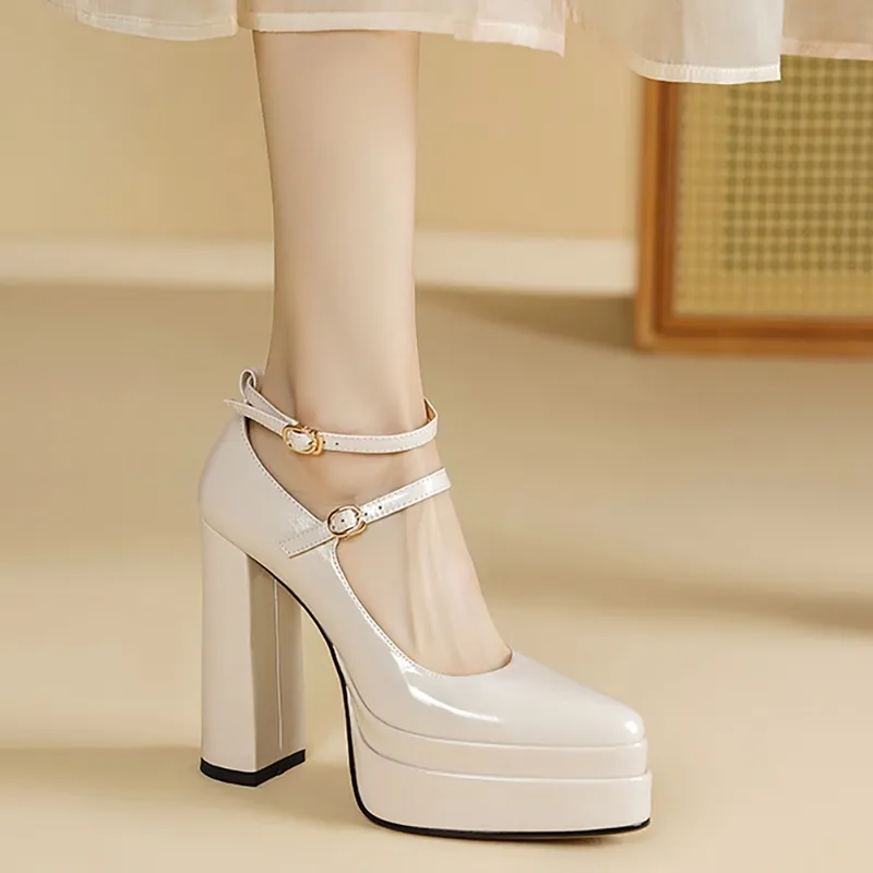 Patent Leather Platform Pumps Ankle Strap Chunky Heels