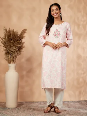 Pink Printed Rayon Straight Kurta