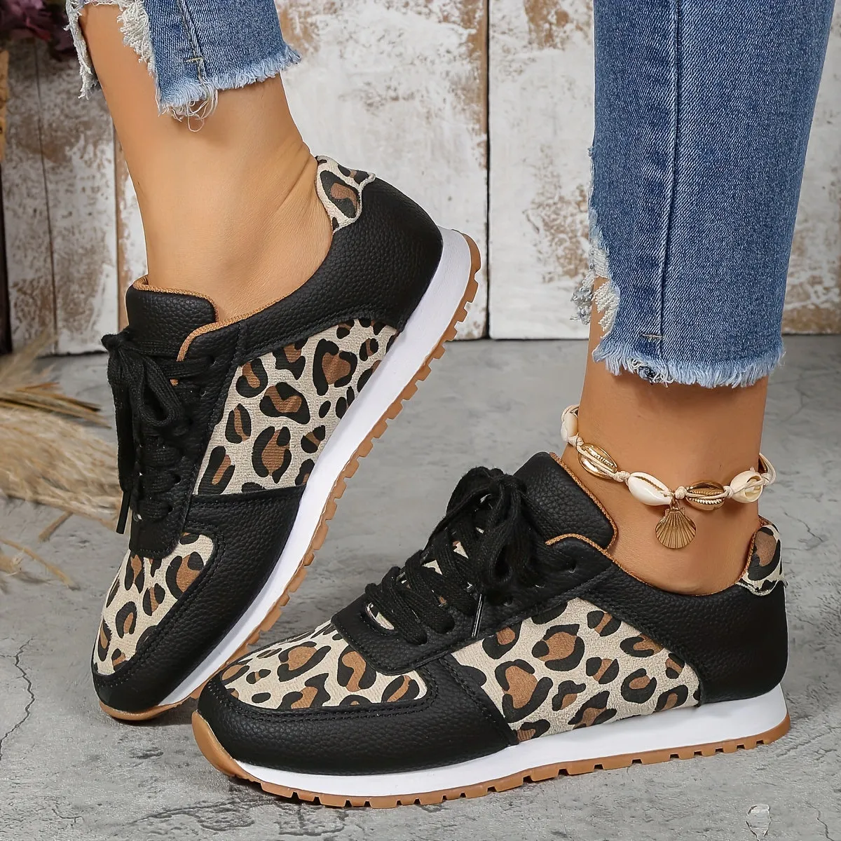 Purpdrank Stylish Women's Leopard Print Sneakers - Fashionable Lace Up Flats with Non-Slip Soles