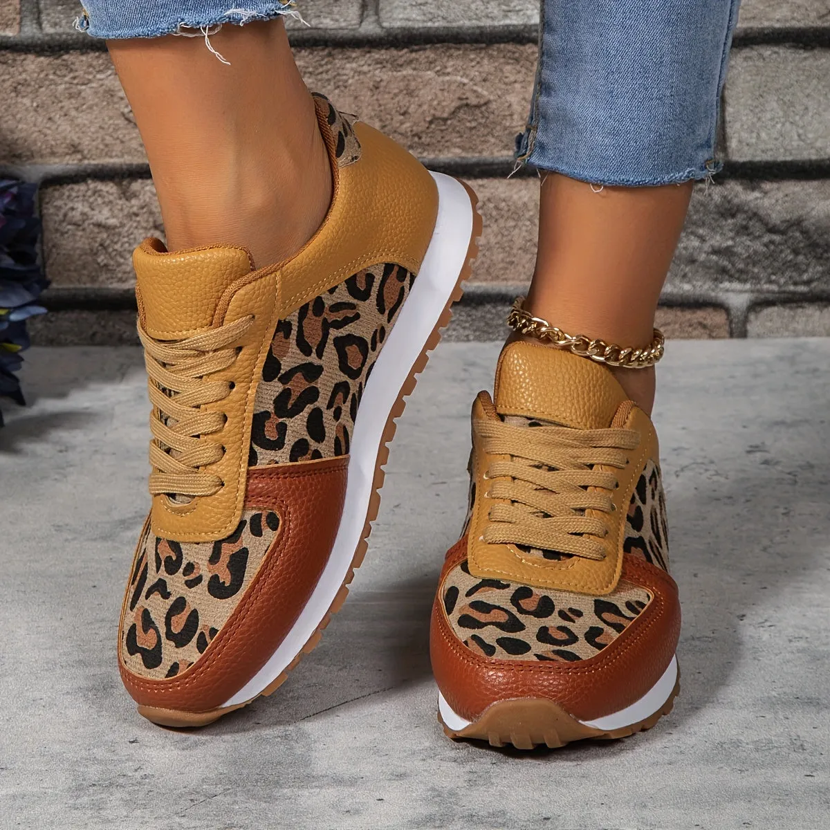 Purpdrank Stylish Women's Leopard Print Sneakers - Fashionable Lace Up Flats with Non-Slip Soles