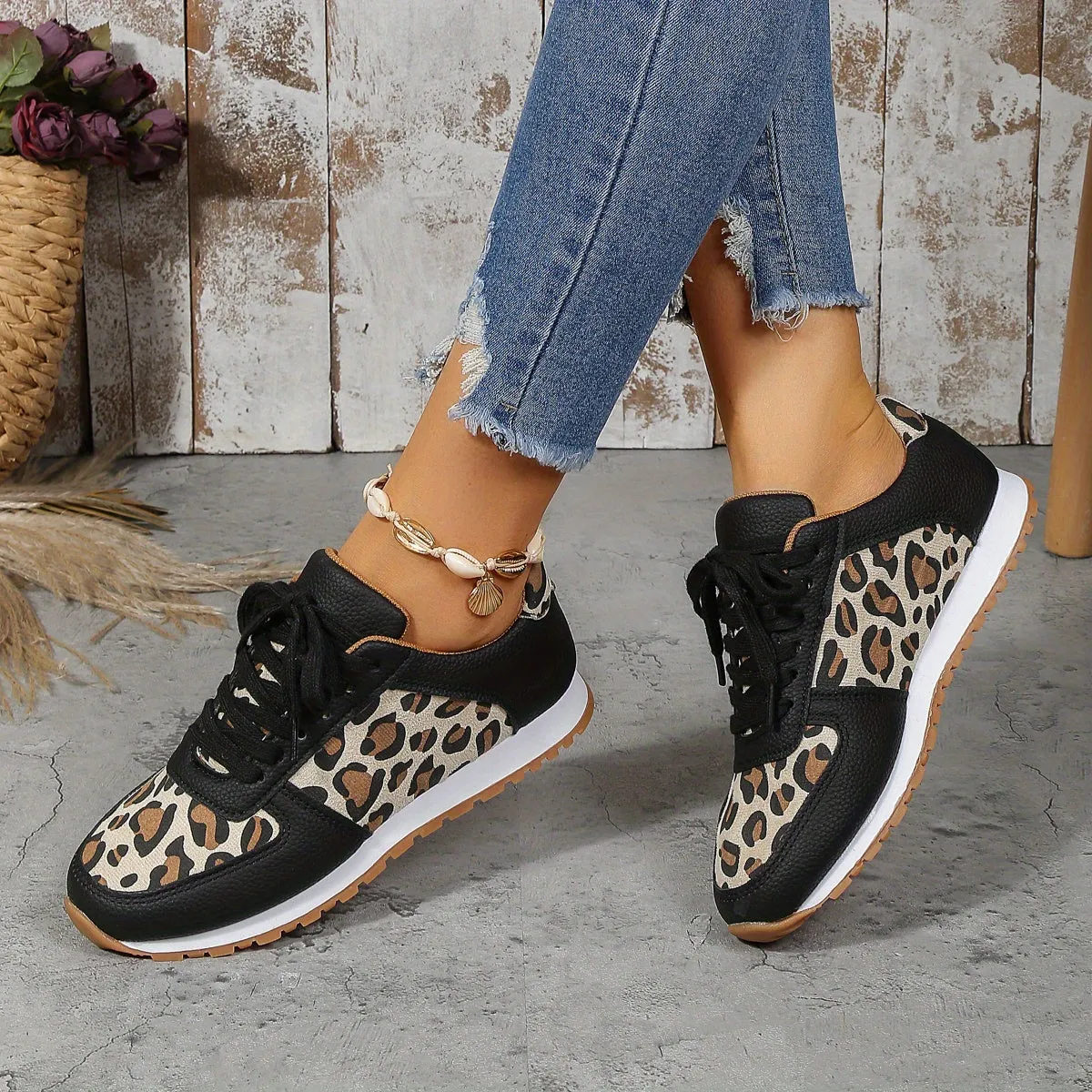 Purpdrank Stylish Women's Leopard Print Sneakers - Fashionable Lace Up Flats with Non-Slip Soles