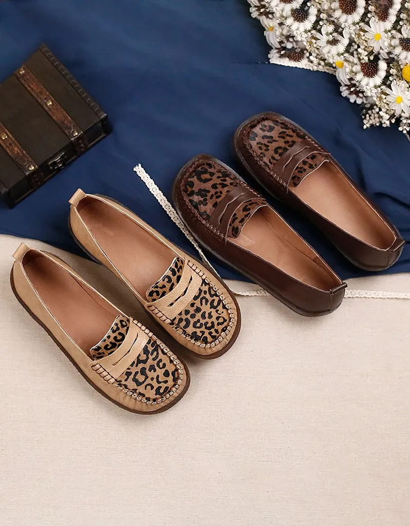 Retro Leather Leopard Flat Comfortable Loafers