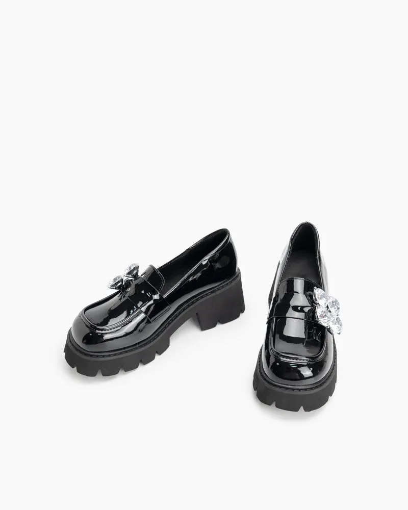 Rhinestone Decor Patent Leather Platform Loafers