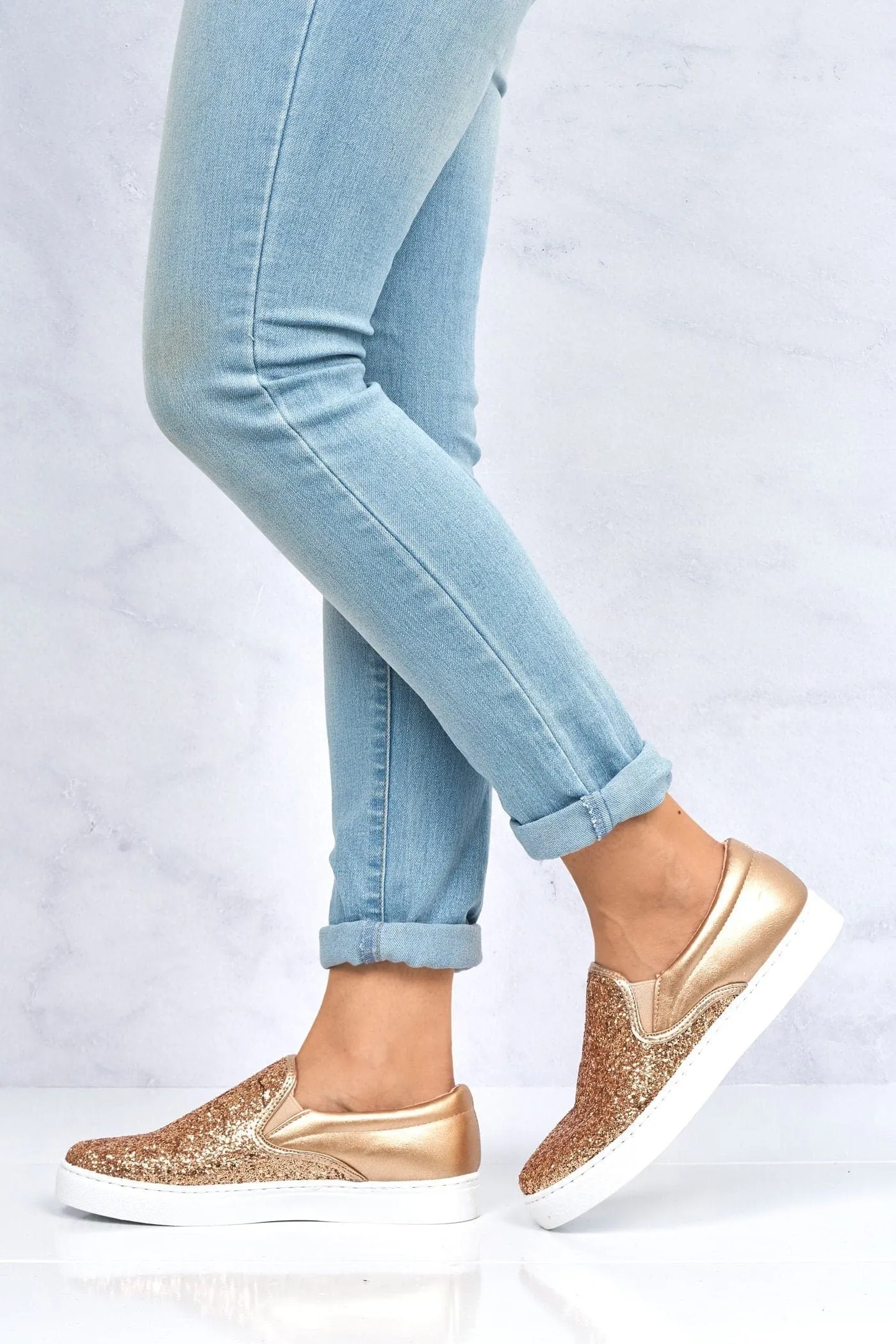 Ritzy Slip On Glitter Skater Pump in Rose Gold