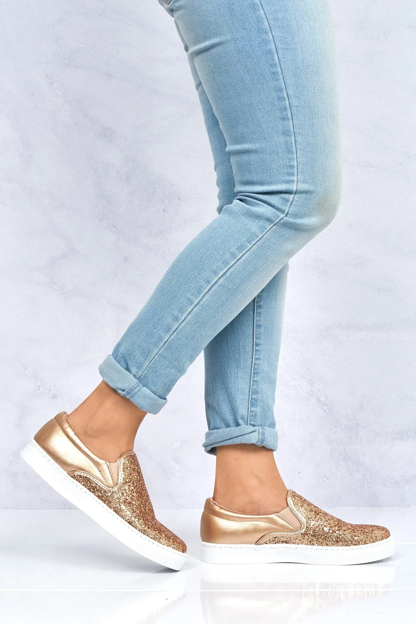 Ritzy Slip On Glitter Skater Pump in Rose Gold