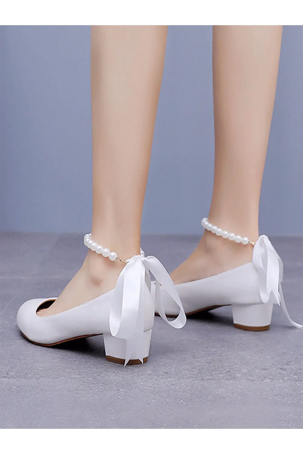 Round Toe Low Chunky Heels Beaded Wedding Shoes