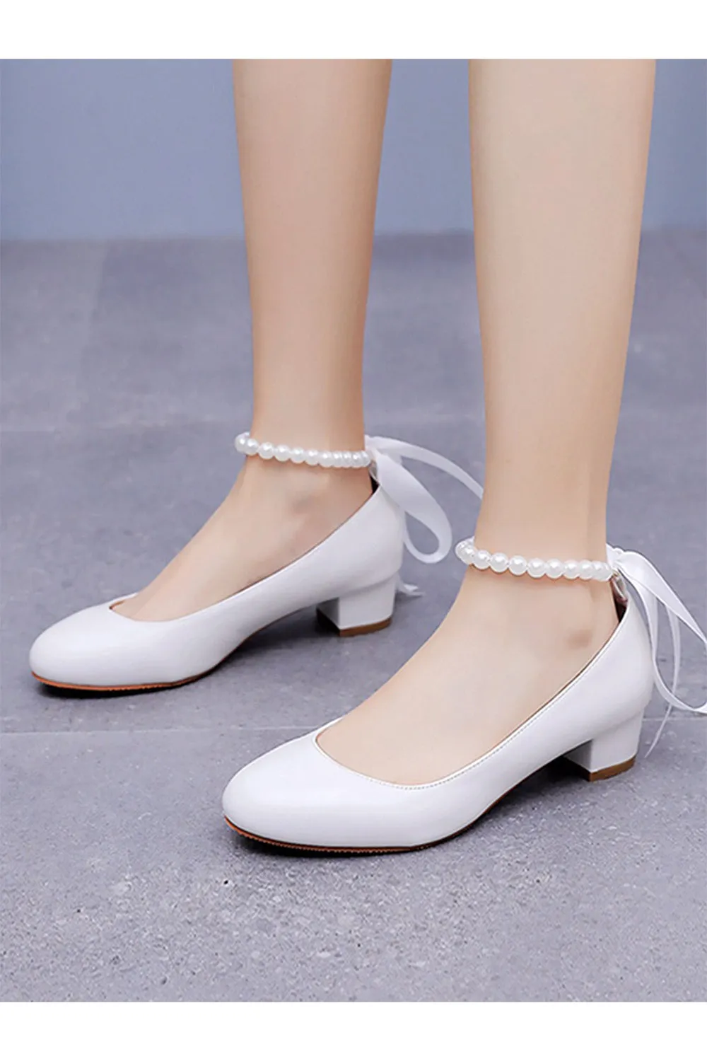 Round Toe Low Chunky Heels Beaded Wedding Shoes