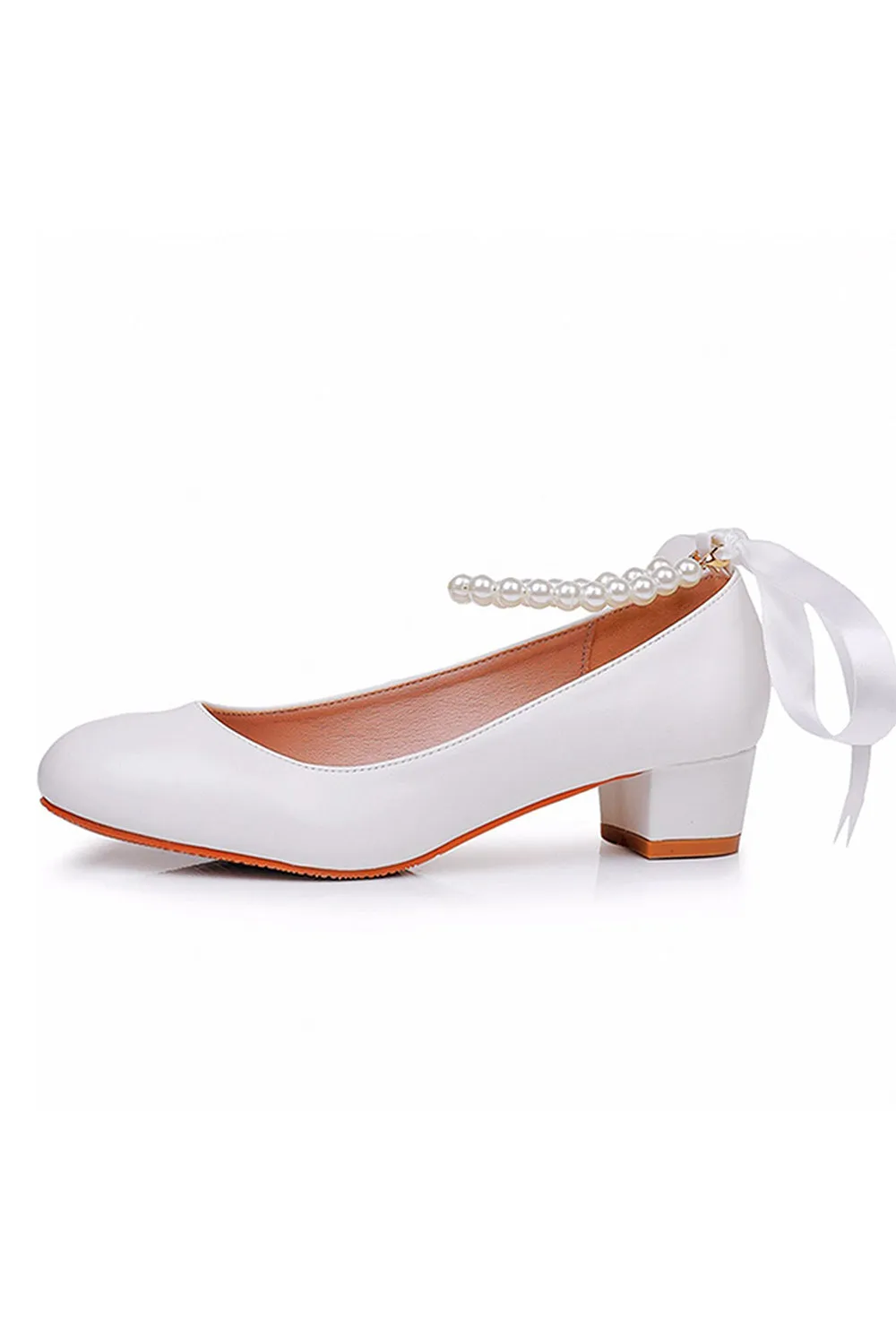 Round Toe Low Chunky Heels Beaded Wedding Shoes