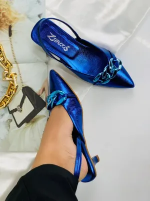 Shiny Blue Faux Leather Heels with Loop Chain Décor - Deminis Atelier