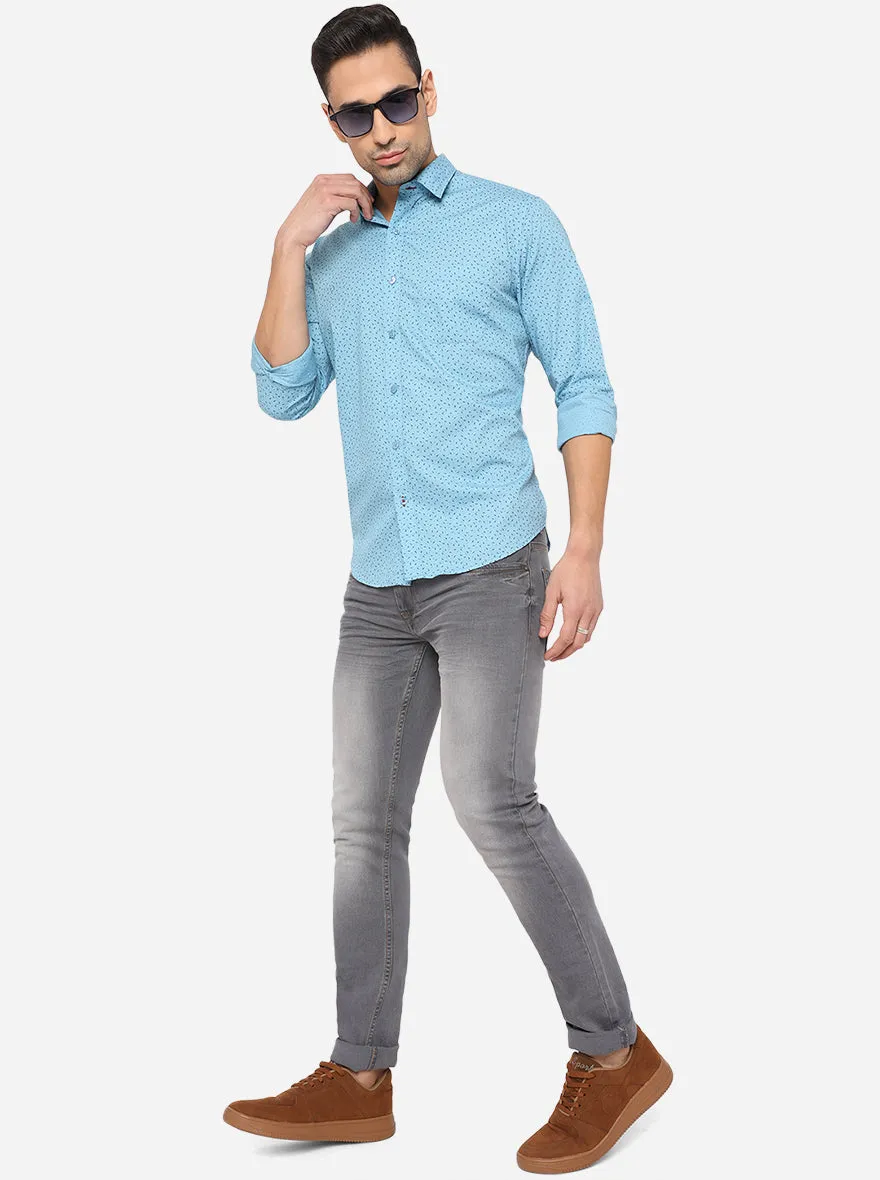 Sky Blue Printed Classic Fit Casual Shirt | Greenfibre