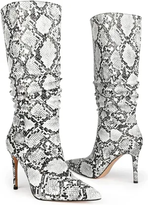 Snakeskin Leather Fashion Stiletto Knee High Boots