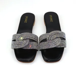 Sparkling Flats for Women Rhinestone Strap Slides