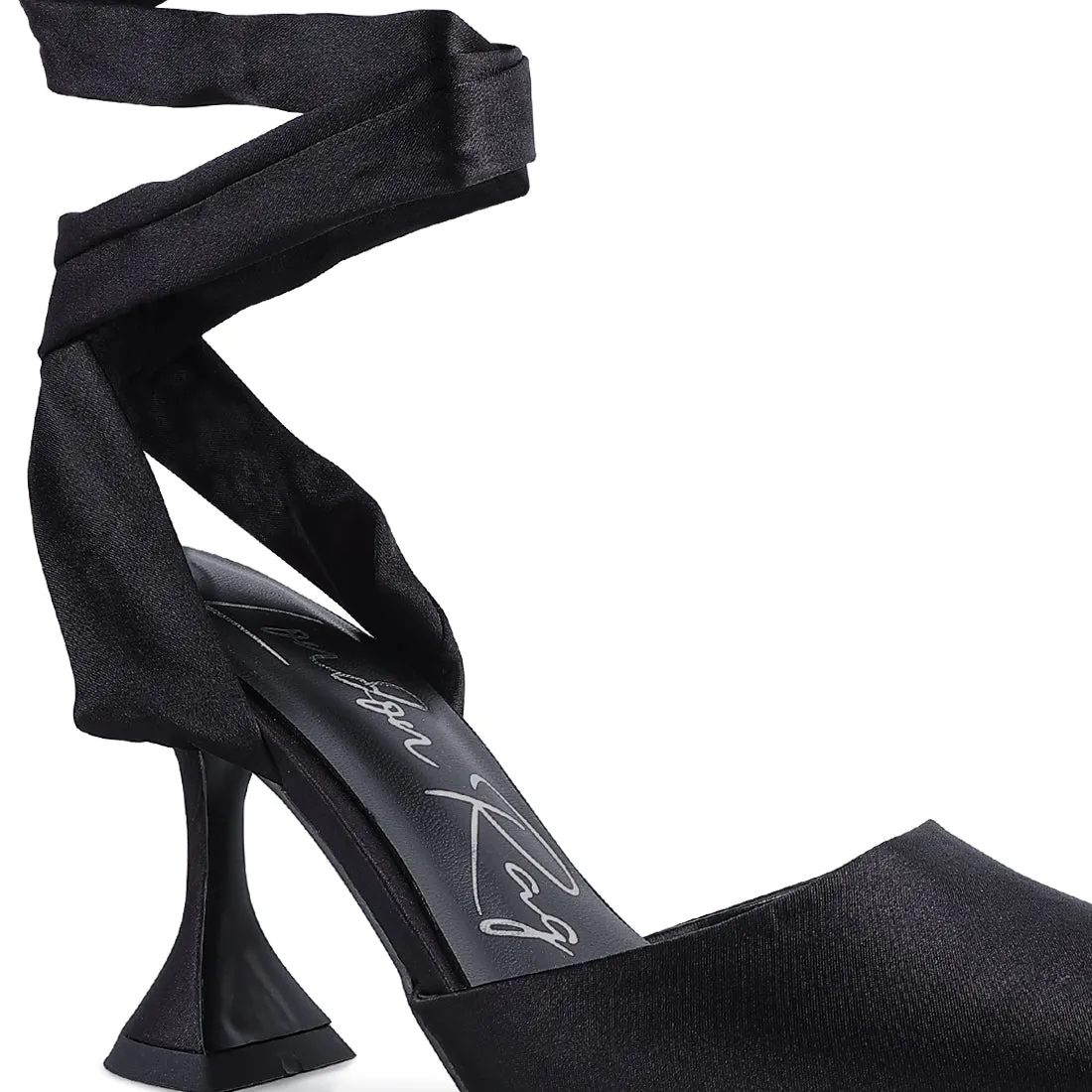 Spool Heel Tie Up Satin Sandals in Black