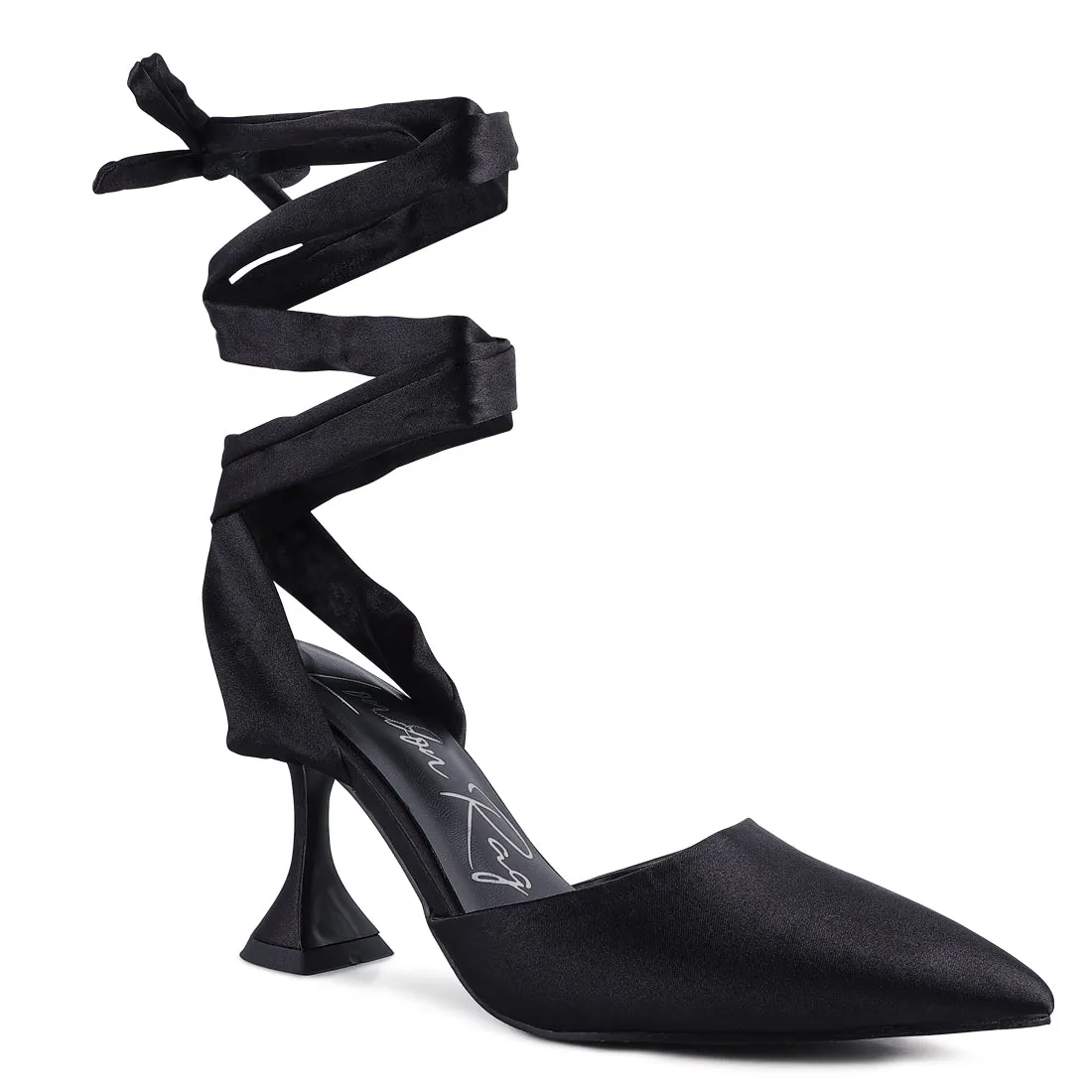 Spool Heel Tie Up Satin Sandals in Black