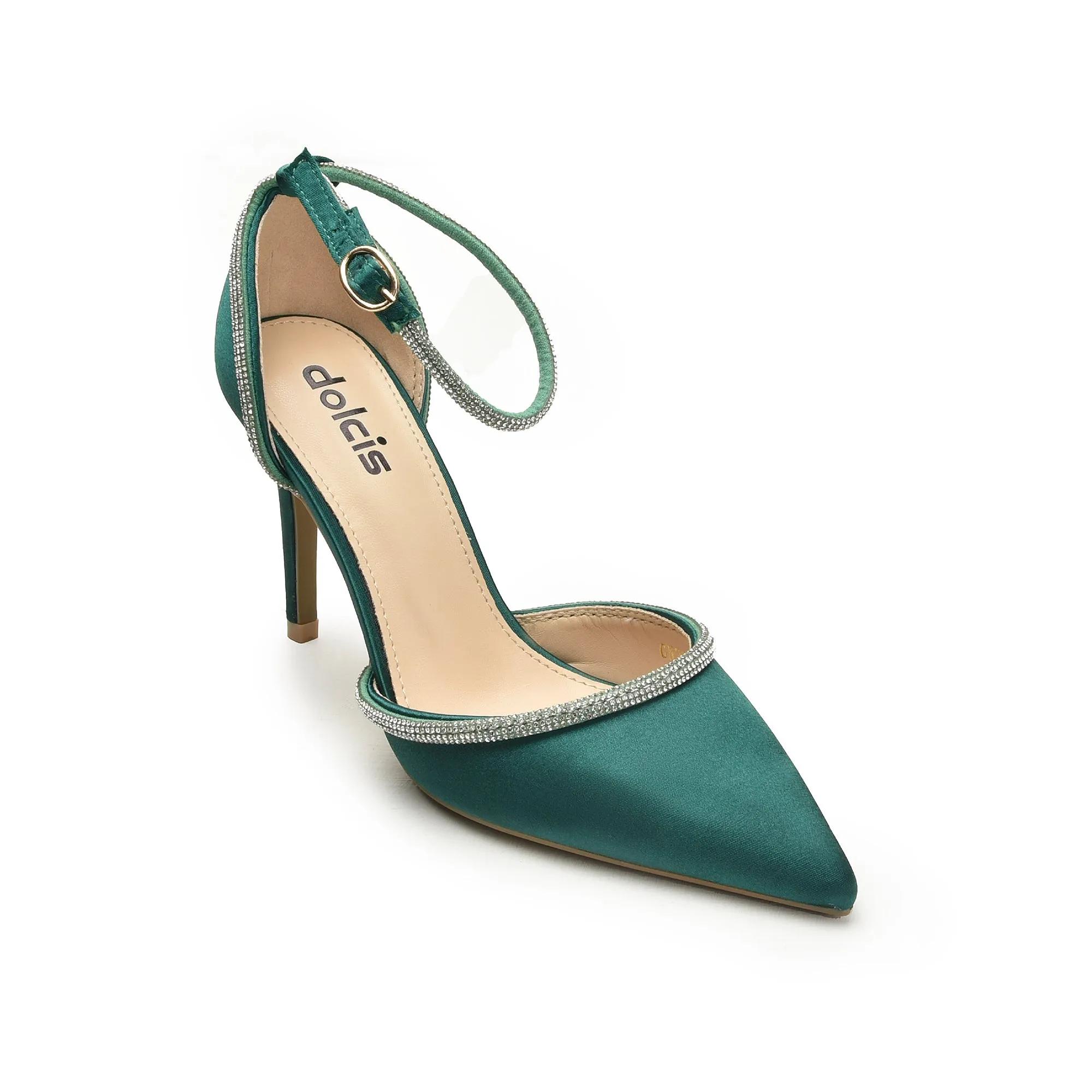 Stylish Green Ankle Strap Heels with Rhinestone Trim | 440N-K