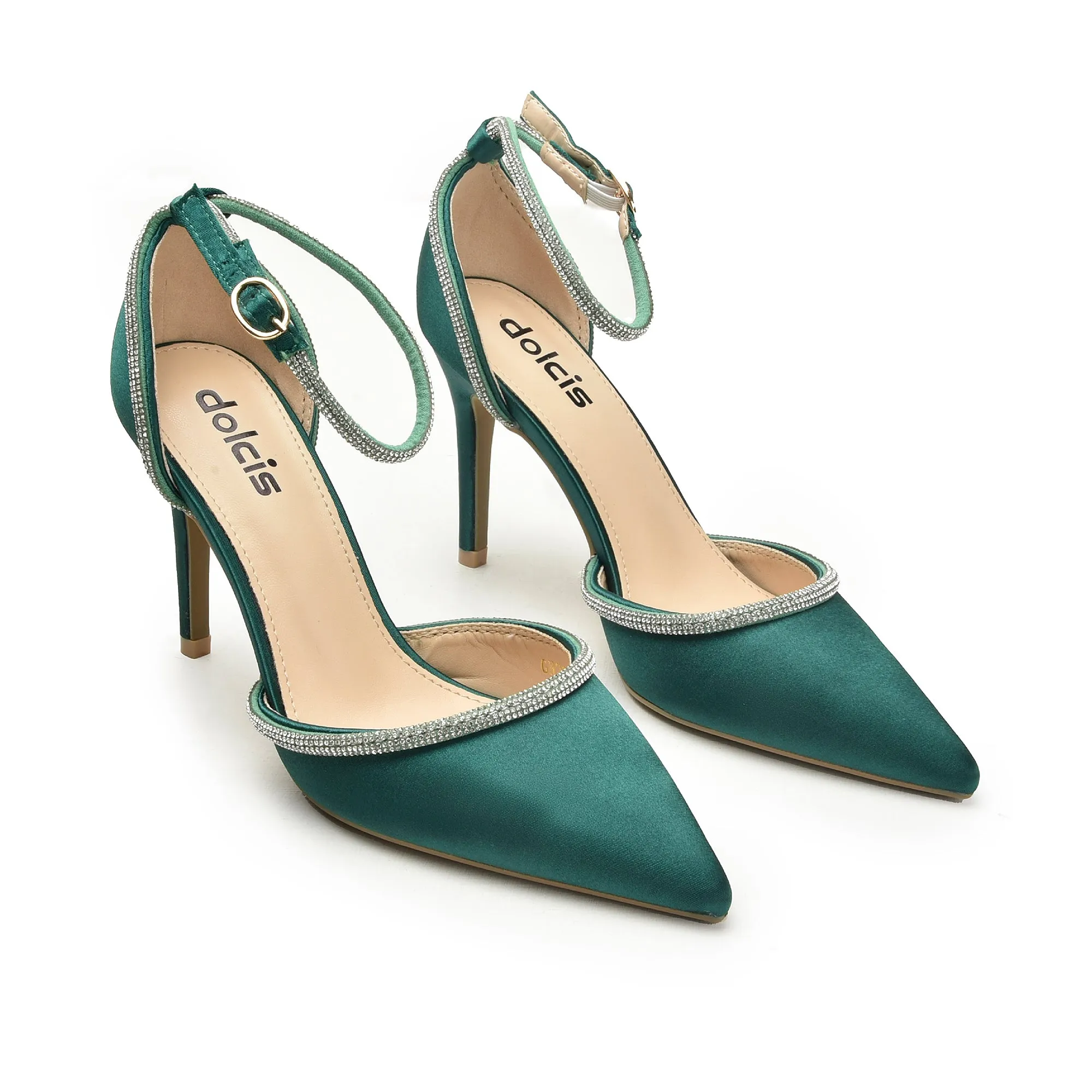 Stylish Green Ankle Strap Heels with Rhinestone Trim | 440N-K