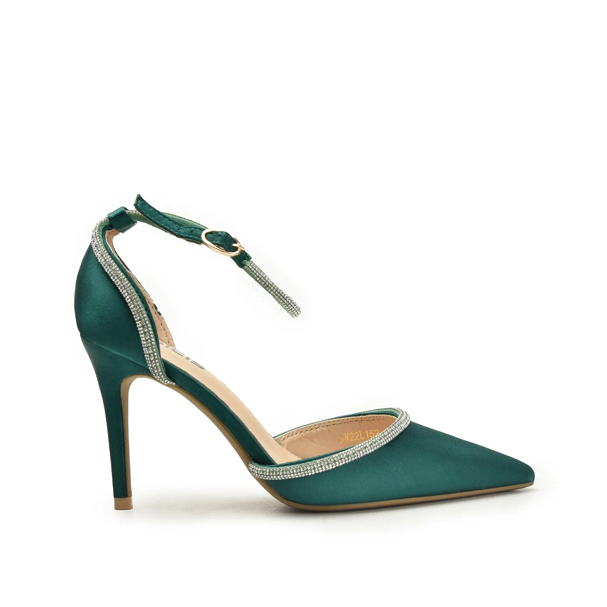 Stylish Green Ankle Strap Heels with Rhinestone Trim | 440N-K