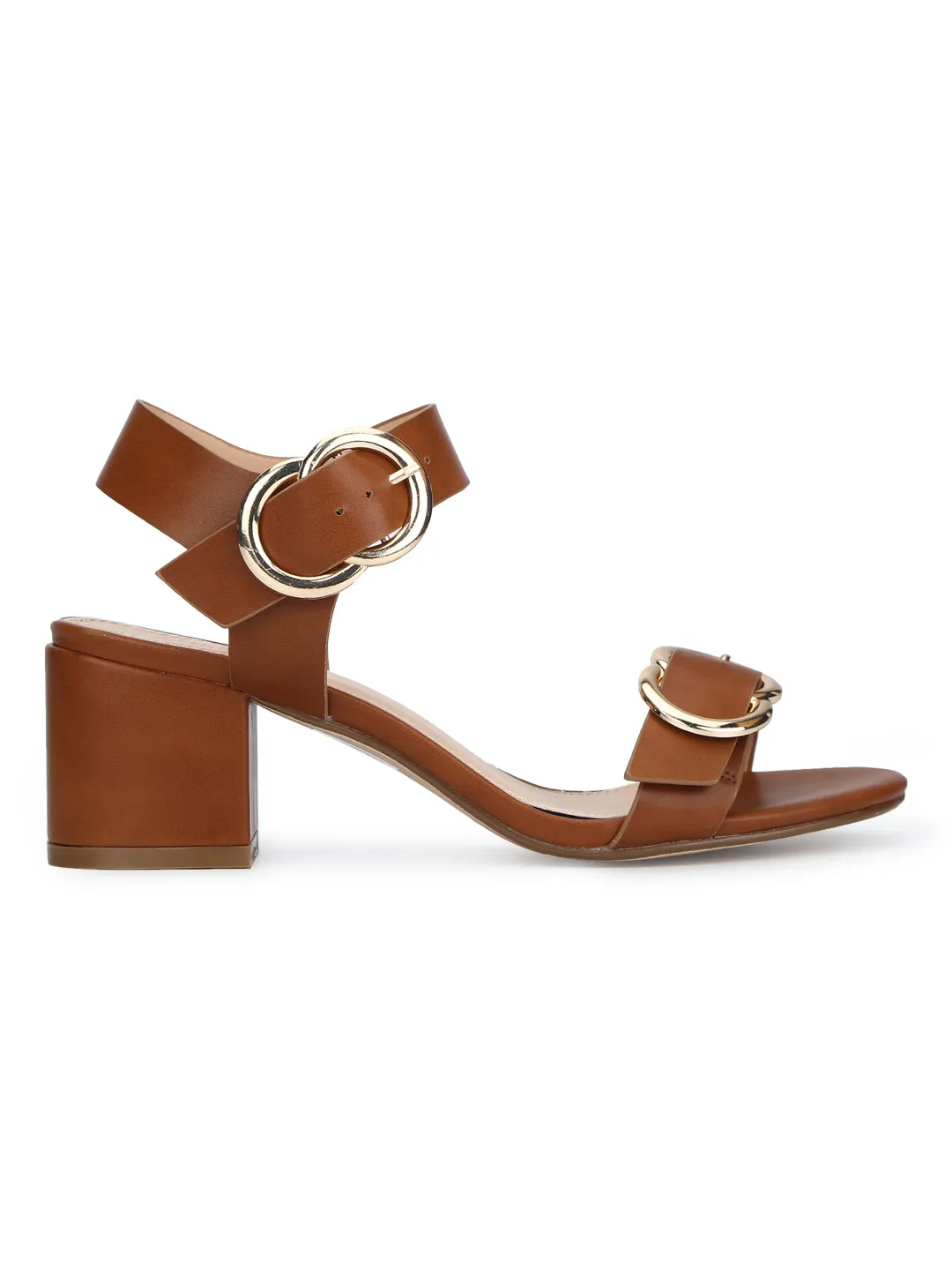 Tan Double Buckle Low Block Heels