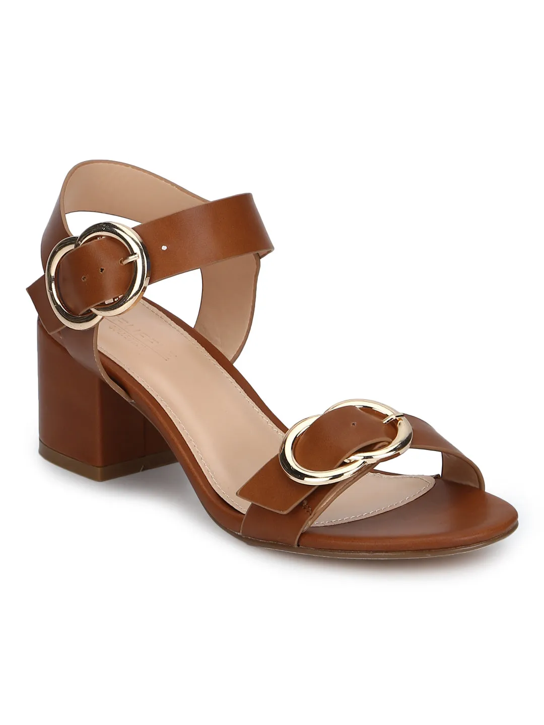 Tan Double Buckle Low Block Heels