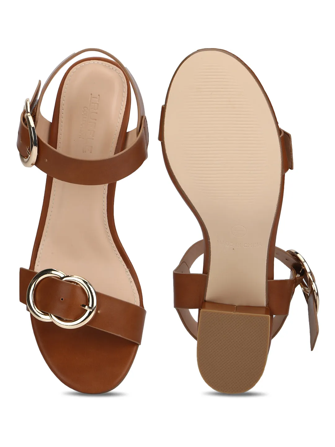 Tan Double Buckle Low Block Heels