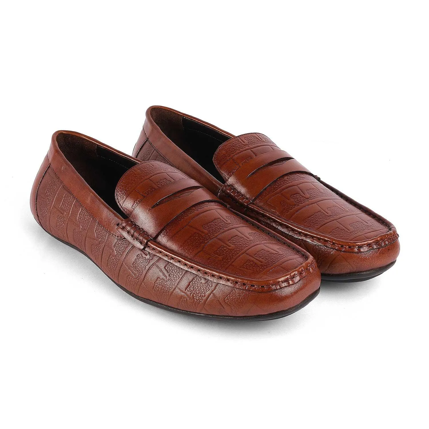 Tresmode Miland Tan Men's Leather Penny Driving Loafers