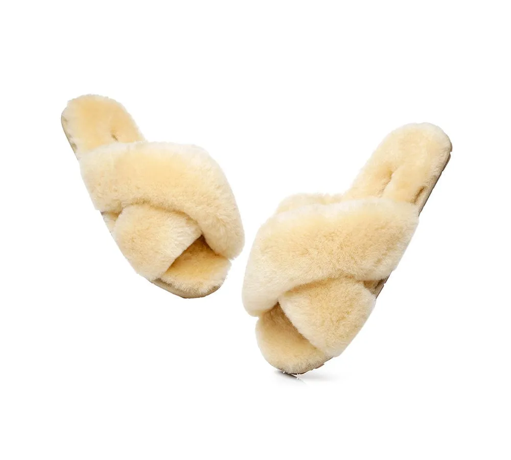 UGG Slides Sheepskin Wool Crossover Fluffy Slides Linty