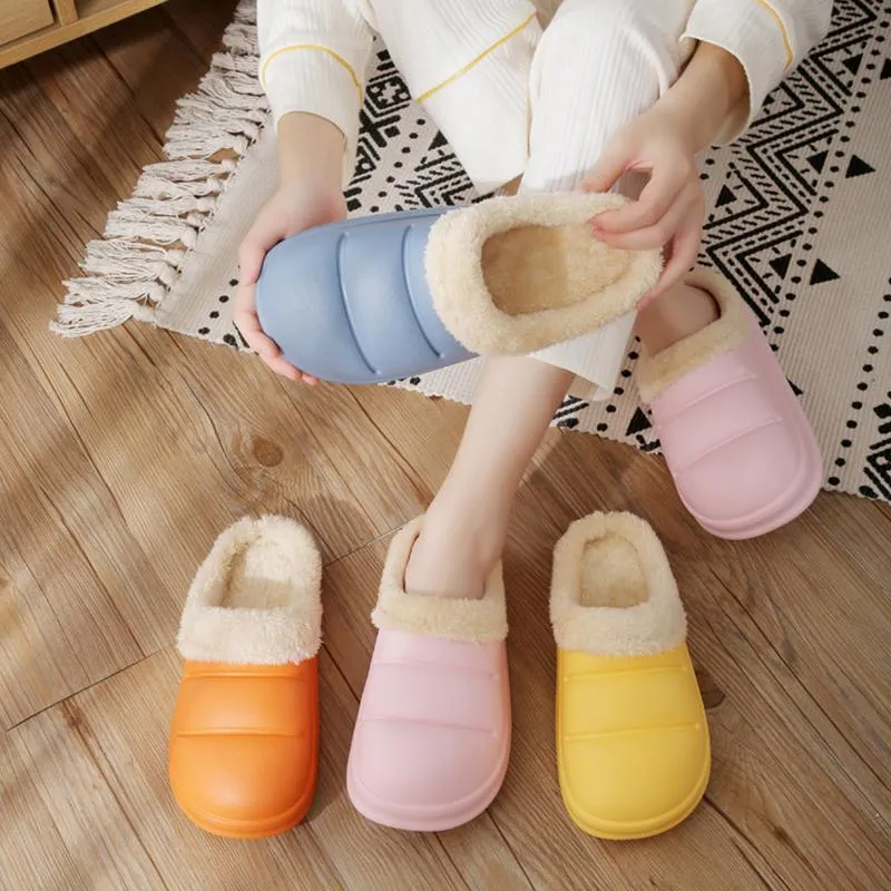 Winter Women Fur Slippers Waterproof Warm Plush Household Slides Indoor Home Thick Sole Footwear Non-Slip