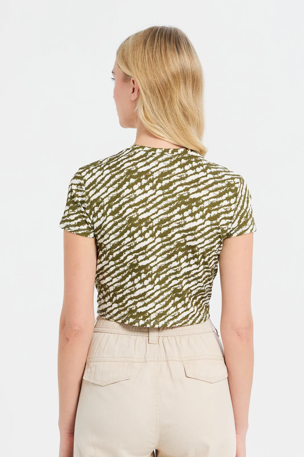 Woman Olive And Beige Printed Rib Top