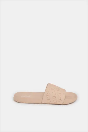 Women Beige Slogan Embossed Slide