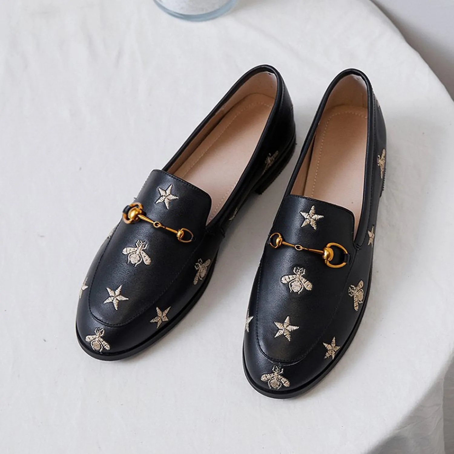 Women Classic Bee and Star Leather Loafers