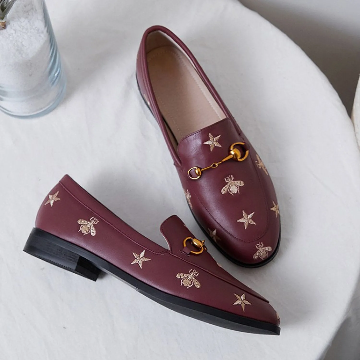 Women Classic Bee and Star Leather Loafers