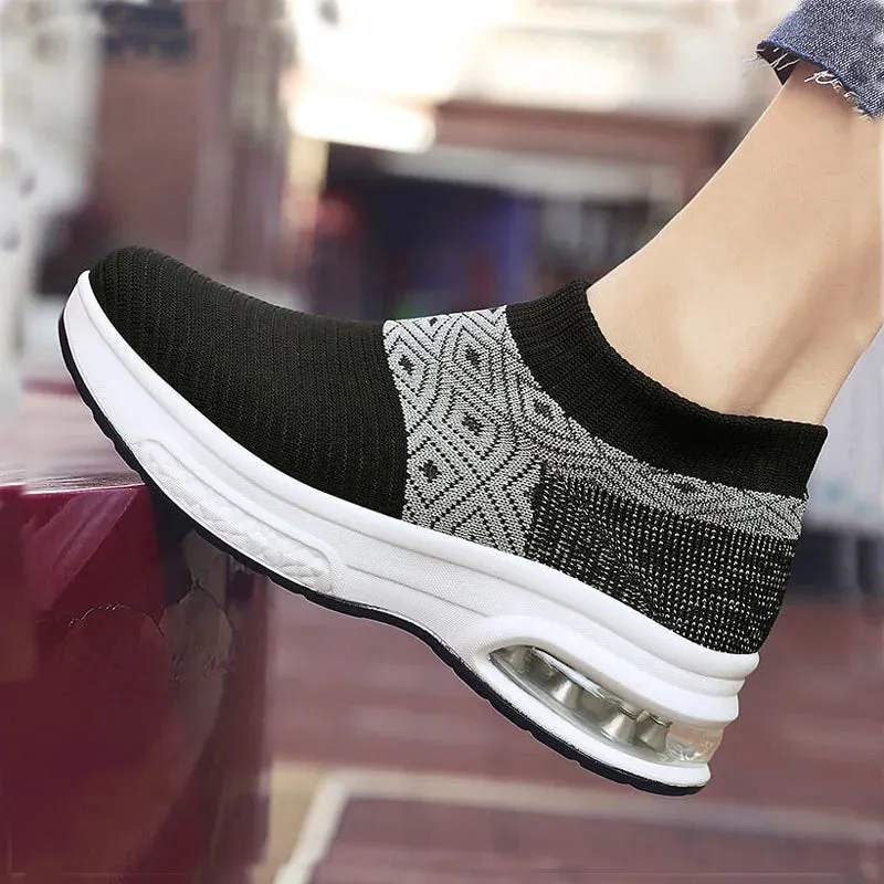 Women Elastic Socks Shoes | Lightweight Geometric Sneaker Pumps | Slip-On Wedges for Spring