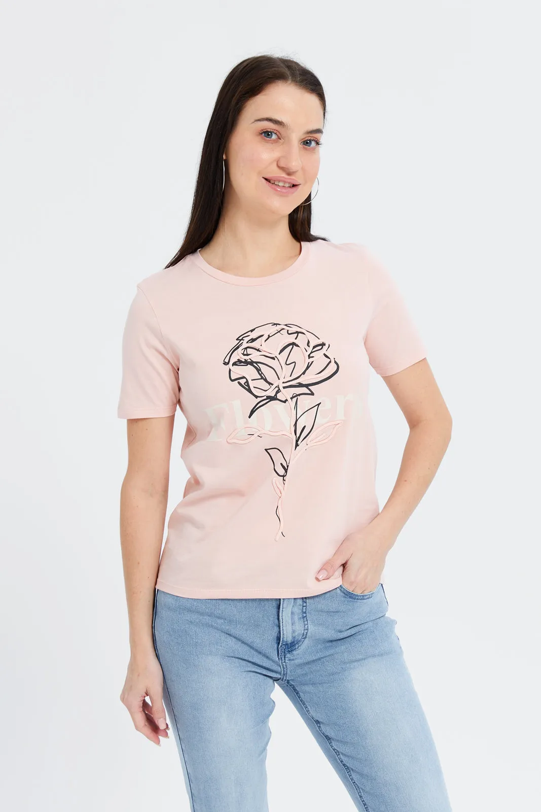 Women Pink Floral Embellished T-Shirt