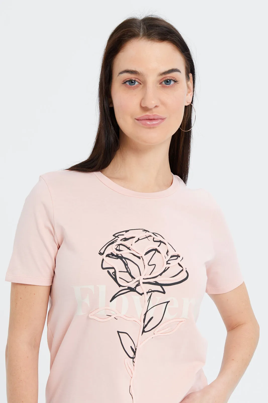 Women Pink Floral Embellished T-Shirt