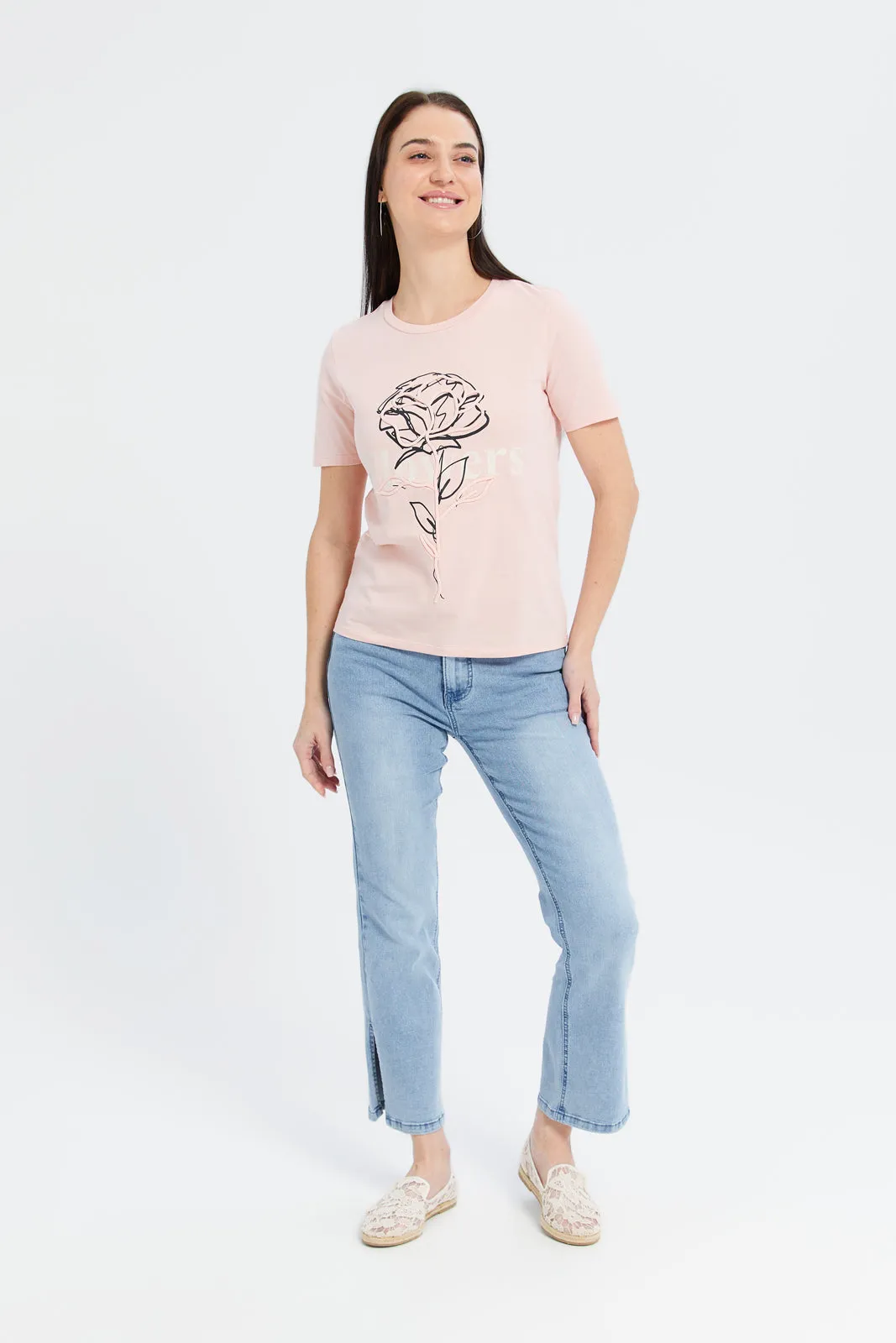 Women Pink Floral Embellished T-Shirt